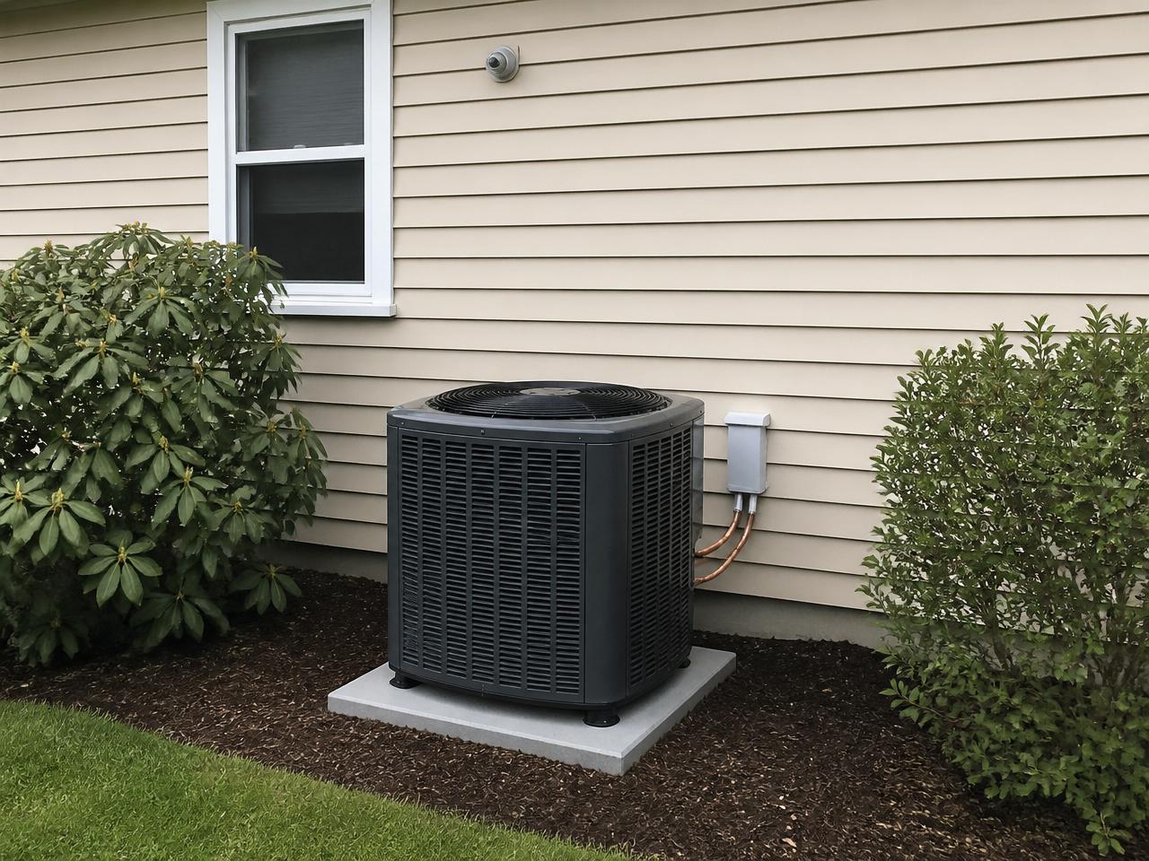 After: Same-location after: new high-efficiency heat pump installed on the same pad against the same siding