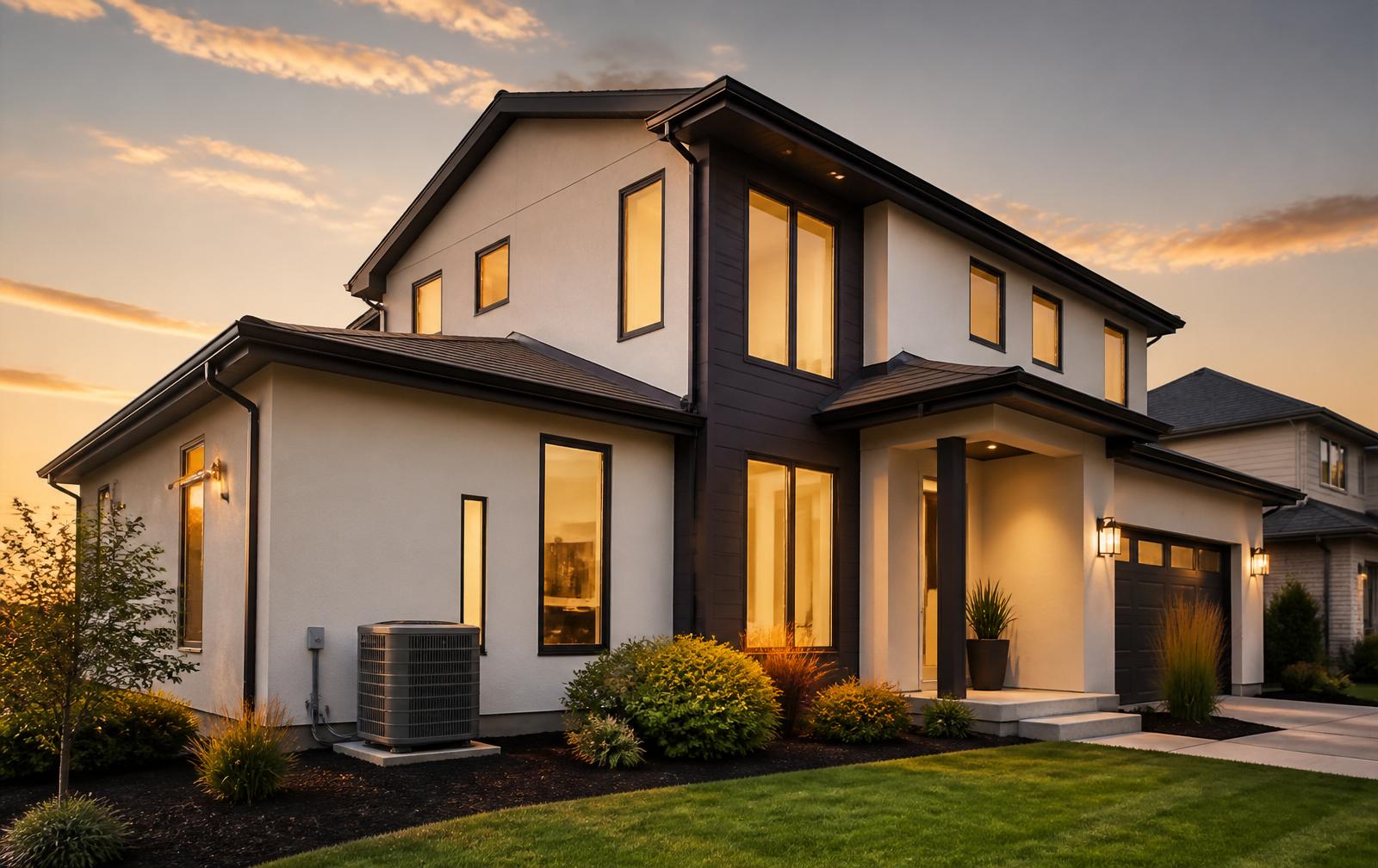 Contemporary suburban home at golden hour with a modern outdoor HVAC condenser