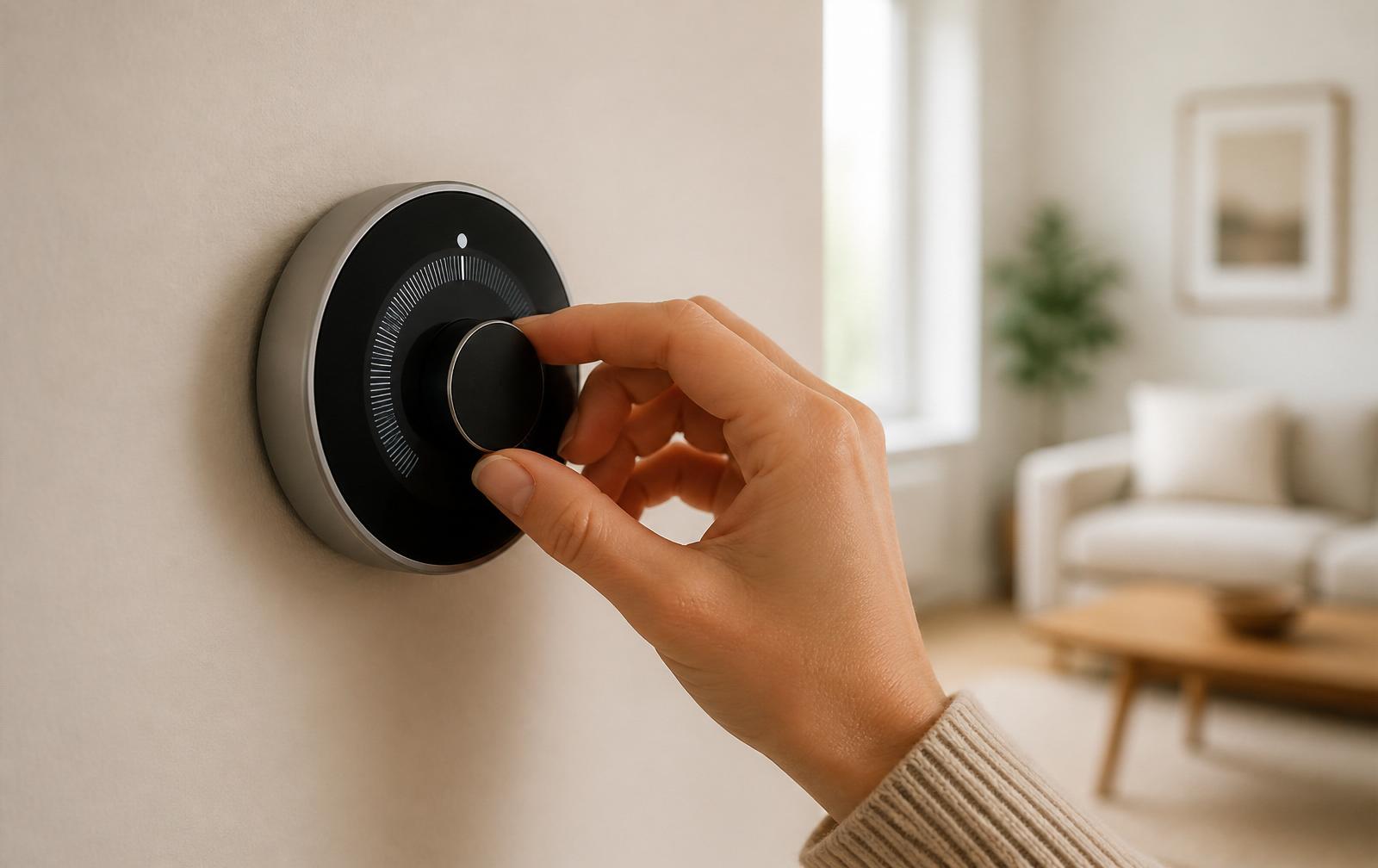 Close-up of a hand adjusting a modern smart thermostat